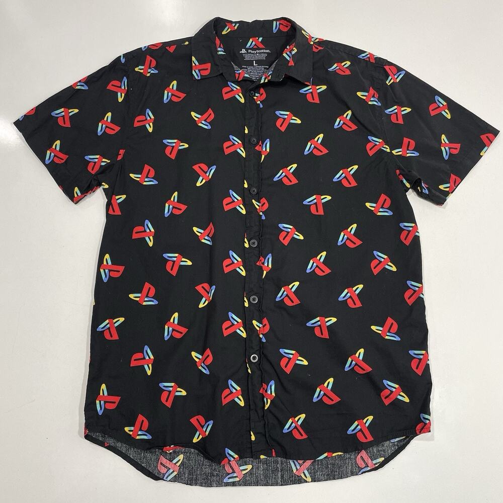 Sony PlayStation Men’s Gaming Logo Full Graphic Print Button Up Shirt L 2018
